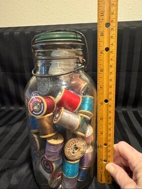 Hazel-Atlas Glass Jar Filled with Colorful Spools of Thread- All Vintage